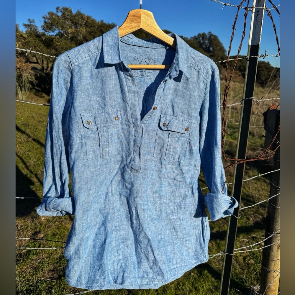 100% linen blue long sleeve shirt. Size medium